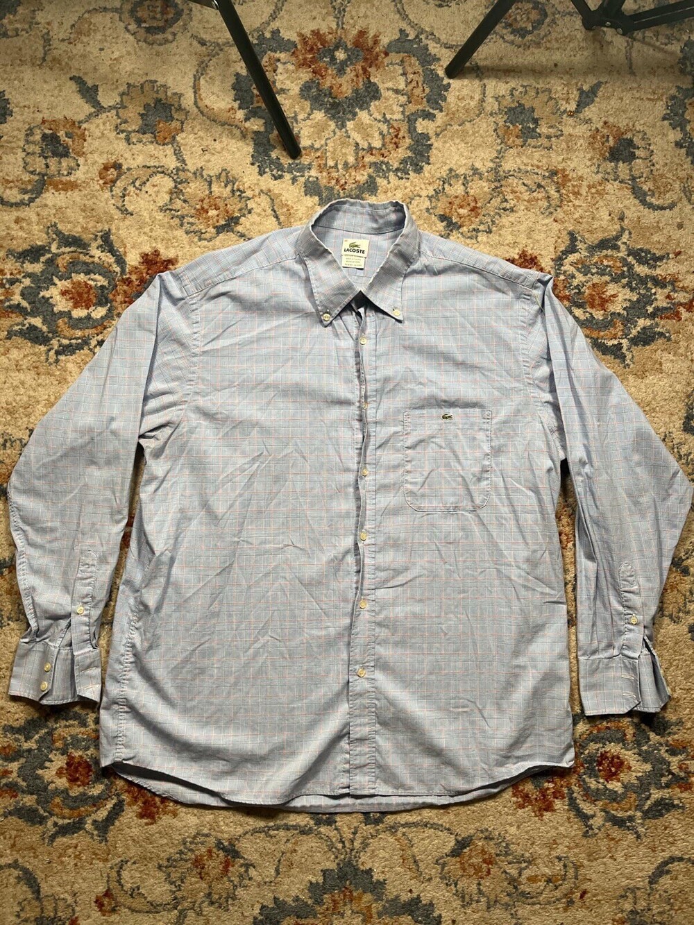 Men’s Lacoste Button Down Shirt Size 46 Blue Plaid Golf Preppy Alligator